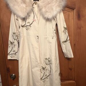 Cole Haan Cream Trench Coat with Floral Embroidery and Real Fur Collar